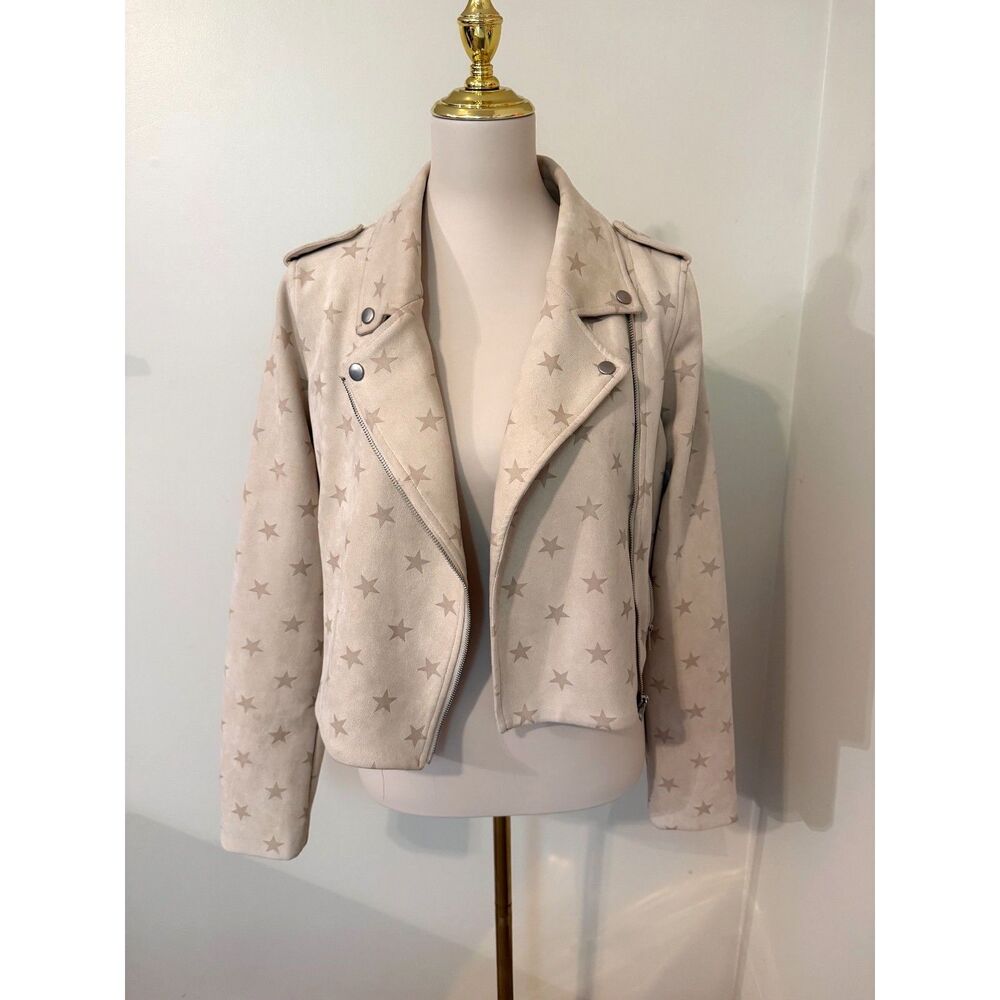 Altar’d State Star Print Faux Suede Moto Jacket Size S Cream Beige Biker